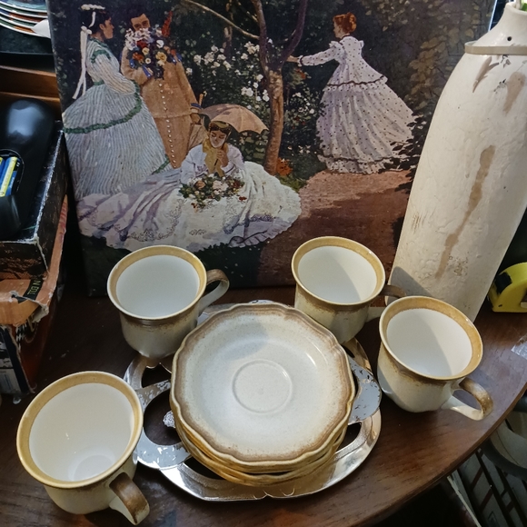 80's Mikasa WHOLE WHEAT Cream Center Brown Edge Stoneware Cups&Saucers Set 4. - Picture 6 of 16